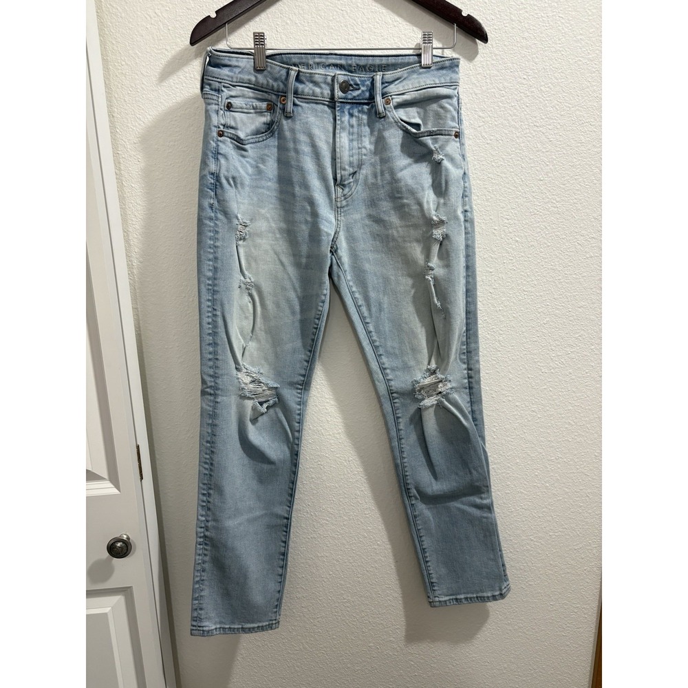 American Eagle Athletic Fit Distressed Denim Jeans 30x30 Blue Light Wash Stretch